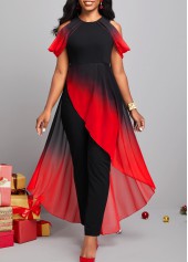 Plus Size Red Asymmetry Ombre Cold Shoulder Jumpsuit
