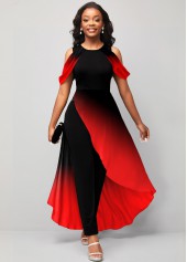 Plus Size Red Asymmetry Ombre Cold Shoulder Jumpsuit