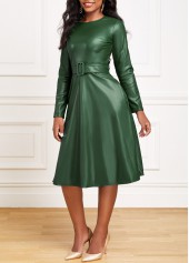Belted Green Boat Neck Long Sleeve Dress