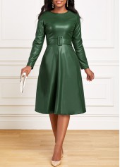 Belted Green Boat Neck Long Sleeve Dress