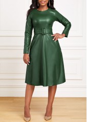 Belted Green Boat Neck Long Sleeve Dress