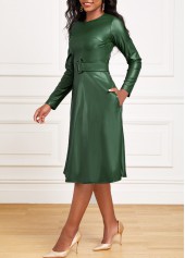 Belted Green Boat Neck Long Sleeve Dress
