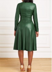 Belted Green Boat Neck Long Sleeve Dress