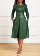 Belted Green Boat Neck Long Sleeve Dress