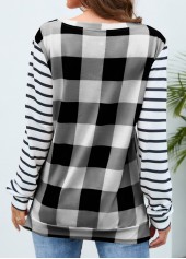 Plaid Round Neck White Long Sleeve T Shirt