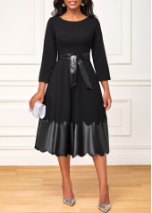 Belted 3/4 Sleeve Black Scalloped Hem Dress