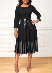 Belted 3/4 Sleeve Black Scalloped Hem Dress