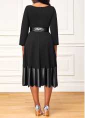 Belted 3/4 Sleeve Black Scalloped Hem Dress