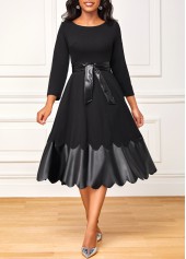 Belted 3/4 Sleeve Black Scalloped Hem Dress
