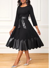 Belted 3/4 Sleeve Black Scalloped Hem Dress