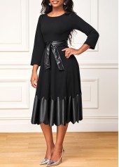 Belted 3/4 Sleeve Black Scalloped Hem Dress