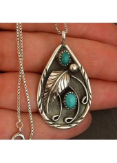 Teardrop Turquoise Feather Design Metal Necklace