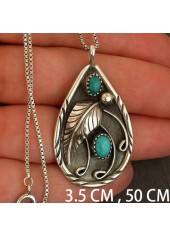 Teardrop Turquoise Feather Design Metal Necklace