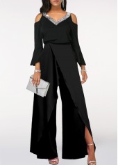 Sequin Long Sleeve Black V Neck Jumpsuit