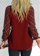 Plaid Patchwork Deep Red V Neck Sweatshirt