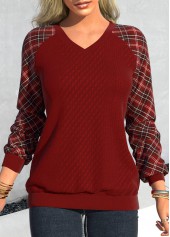 Plaid Patchwork Deep Red V Neck Sweatshirt