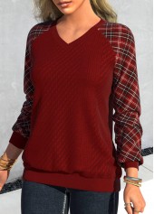 Plaid Patchwork Deep Red V Neck Sweatshirt
