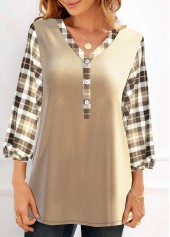 Plaid 3/4 Sleeve Champagne Velvet Blouse