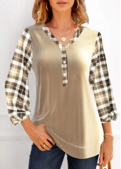 Plaid 3/4 Sleeve Champagne Velvet Blouse