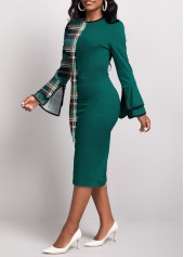 Plaid Patchwork Green Round Neck Bodycon Dress