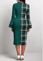 Plaid Patchwork Green Round Neck Bodycon Dress