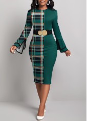 Plaid Patchwork Green Round Neck Bodycon Dress