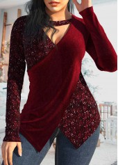 Wine Red V Neck Sequin T Shirt