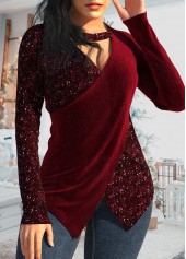 Wine Red V Neck Sequin T Shirt