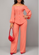 Coral Red Off Shoulder Button Top and Pants