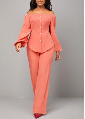 Coral Red Off Shoulder Button Top and Pants