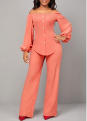 Coral Red Off Shoulder Button Top and Pants