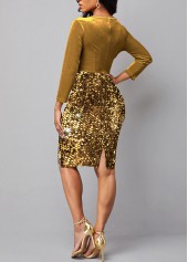 Long Sleeve V Neck Golden Sequin Dress