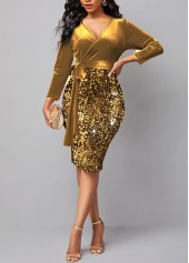 Long Sleeve V Neck Golden Sequin Dress