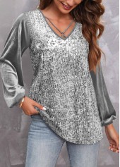V Neck Sequin Silver Long Sleeve T Shirt