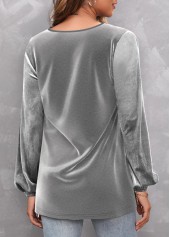 V Neck Sequin Silver Long Sleeve T Shirt