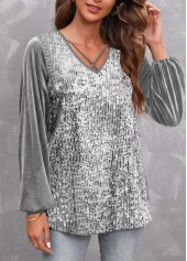 V Neck Sequin Silver Long Sleeve T Shirt