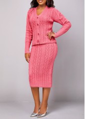 Peach Red Button Long Sleeve Top and Skirt