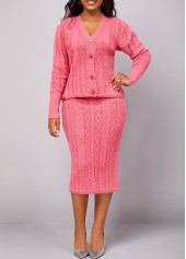Peach Red Button Long Sleeve Top and Skirt