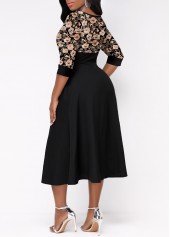 Random Floral Print Button Black Split Neck Dress
