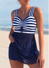Striped Criss Cross Navy Swimdress Top-No Bottom