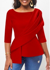 Asymmetry Red 3/4 Sleeve Boat Neck Blouse