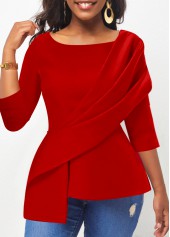 Asymmetry Red 3/4 Sleeve Boat Neck Blouse