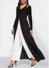 Contrast Black Long Sleeve V Neck Jumpsuit