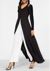 Contrast Black Long Sleeve V Neck Jumpsuit