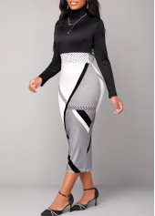 Black Geometric Print High Neck Bodycon Dress