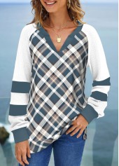 Plaid Patchwork Multi Color Split Neck Sweatshirt