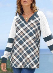 Plaid Patchwork Multi Color Split Neck Sweatshirt