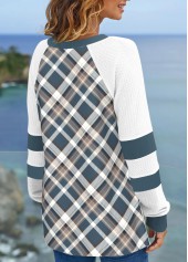 Plaid Patchwork Multi Color Split Neck Sweatshirt