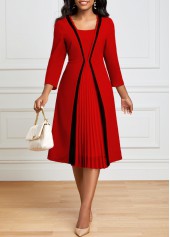 Pleated Hem Red Square Neck Dress