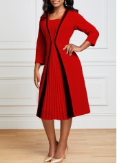 Pleated Hem Red Square Neck Dress